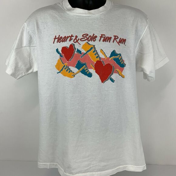 Vintage 90s Heart & Sole Fun Run T Shirt Mens Large Houston Texas Running White - Picture 2 of 10